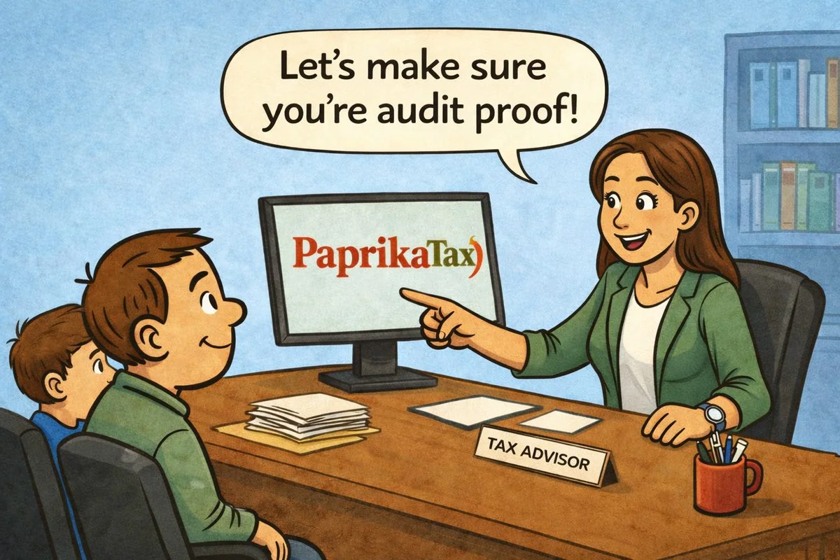 Illustration: a tax advisor at her desk telling a client “Let’s make sure you’re audit proof!”