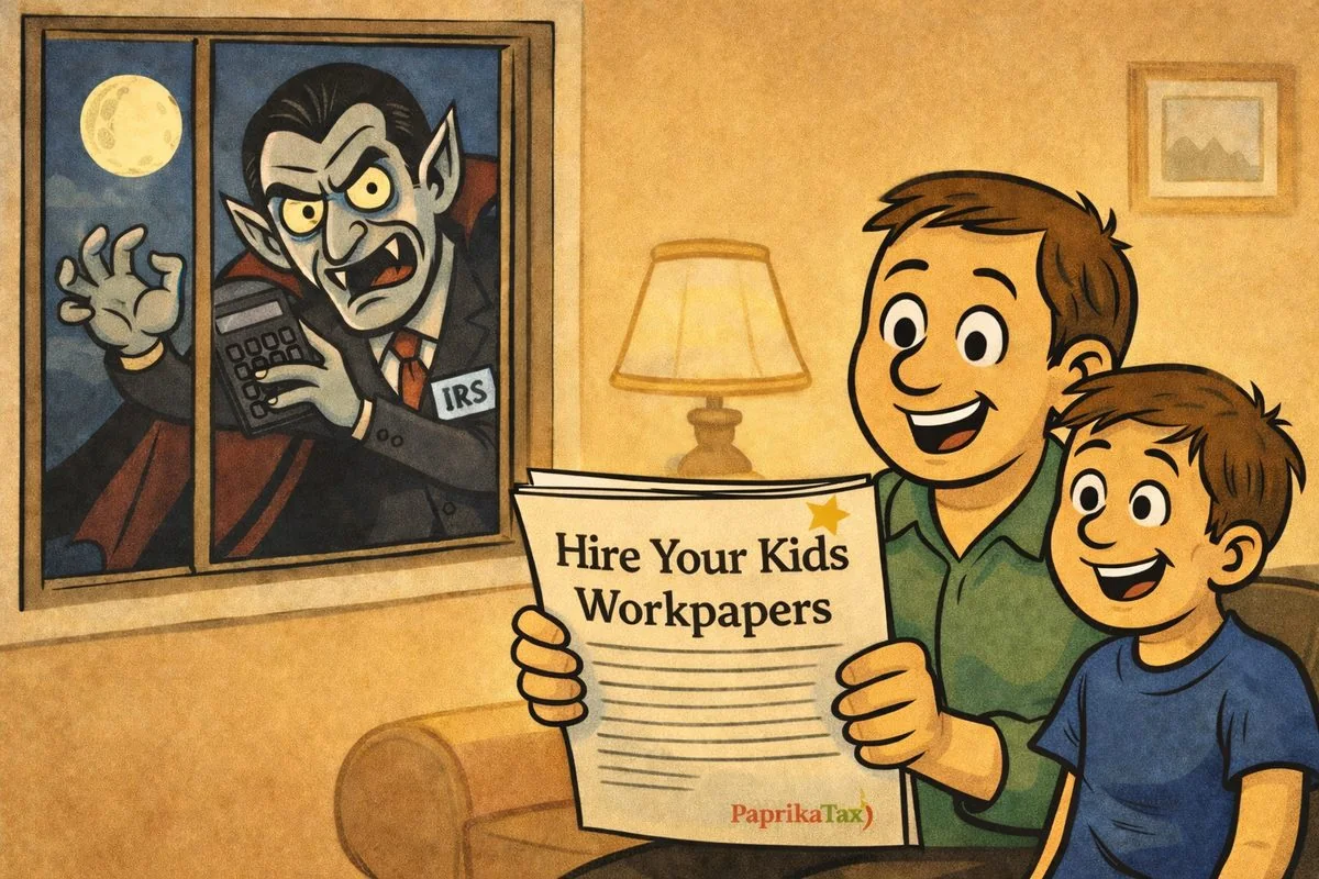 Illustration: a father and son holding their Hire Your Kids workpapers while an IRS vampire lurks at the window
