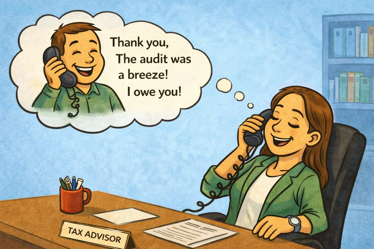 Illustration: a client on the phone telling his advisor “Thank you, the audit was a breeze!”