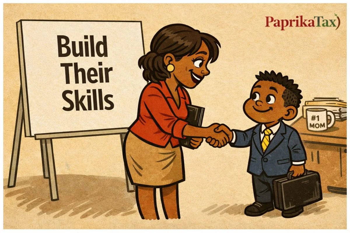 Illustration: a mother shaking hands with her son in a suit beside a “Build Their Skills” board