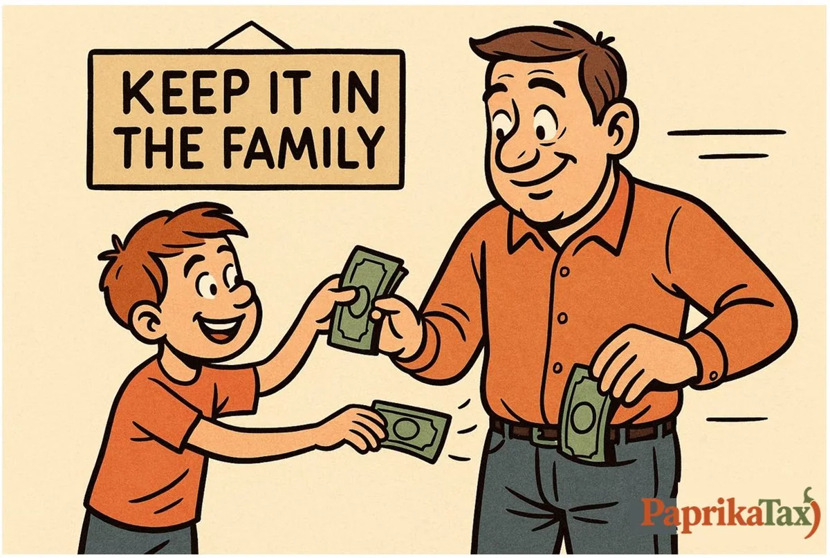 Illustration: a father handing his son cash under a “Keep It In the Family” sign
