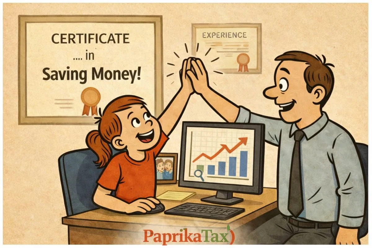 Illustration: a daughter and father high-fiving in front of a “Certificate in Saving Money”