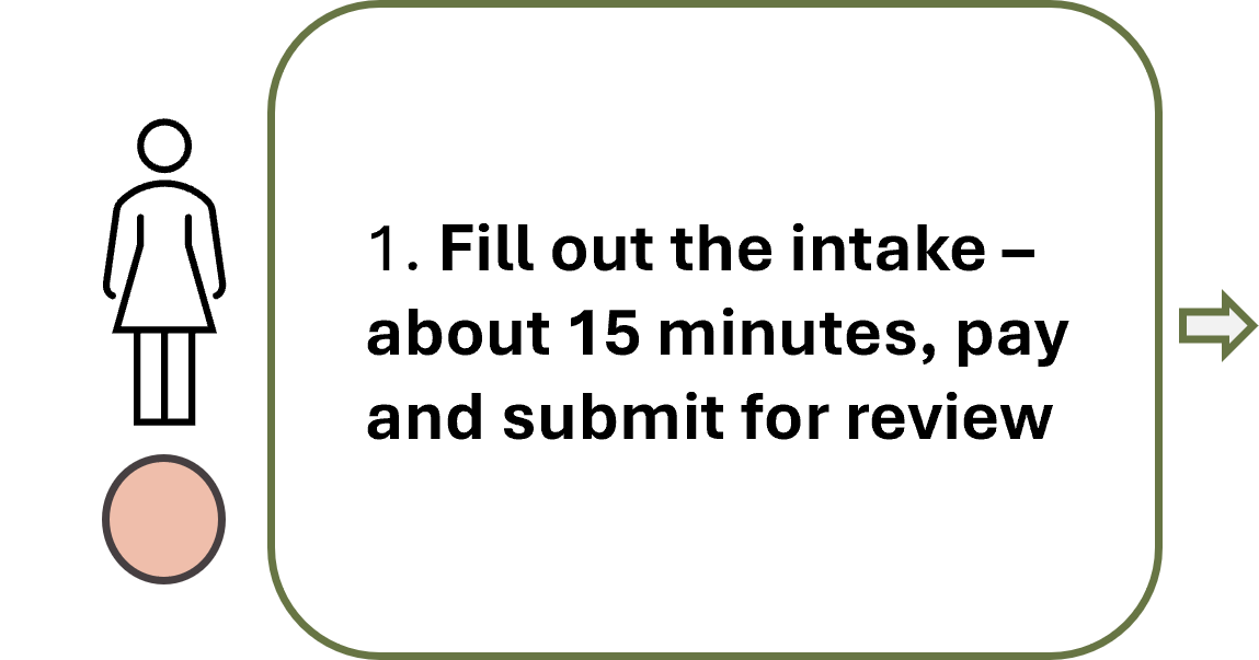 1. Fill out the intake – about 15 minutes, pay and submit for review
