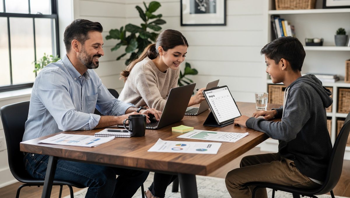 A father and his two kids working together at a table with laptops