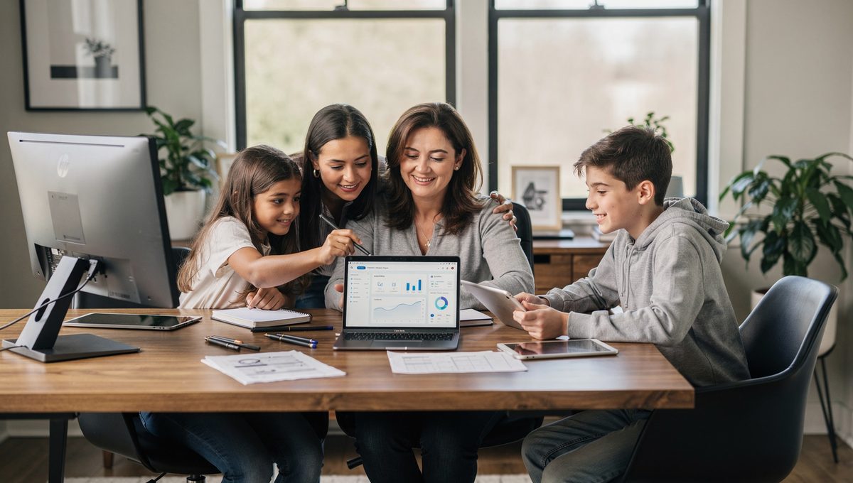 A mother showing her two kids something on a laptop at the family table