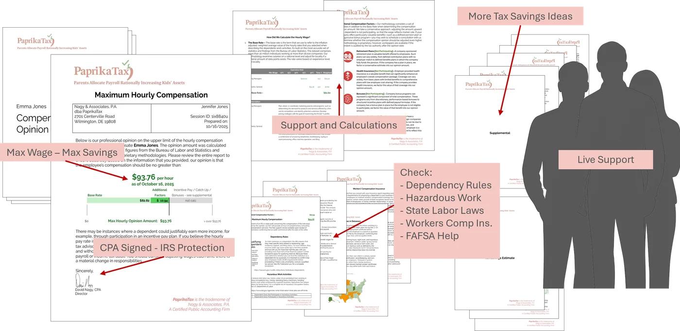 The workpaper set: maximum hourly compensation, support and calculations, labor-law checks, the CPA-signed opinion, and more tax savings ideas